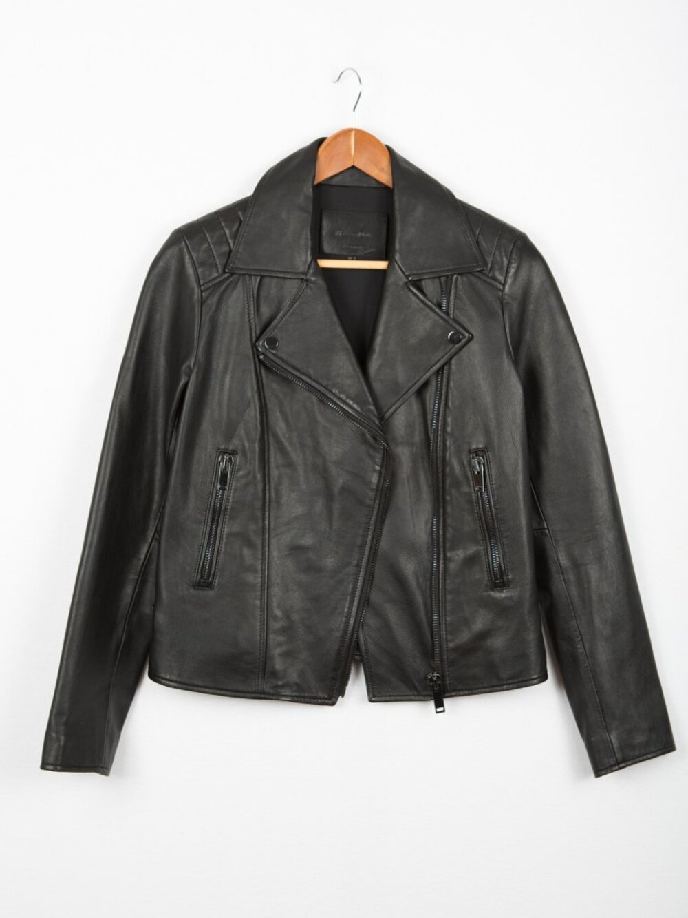 Massimo Dutti Black Leather Moto Biker Jacket Size Small S